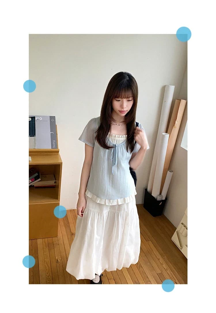 우유 토끼 행성 직접 만든 라이 경기 서울 네클라인 스트랩 페이크 레이어드 작은 셔츠 여성 여름 이중층 밑단 반팔 맨위 상세 이미지 13