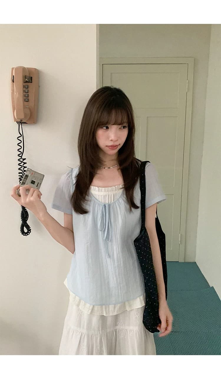 우유 토끼 행성 직접 만든 라이 경기 서울 네클라인 스트랩 페이크 레이어드 작은 셔츠 여성 여름 이중층 밑단 반팔 맨위 상세 이미지 16