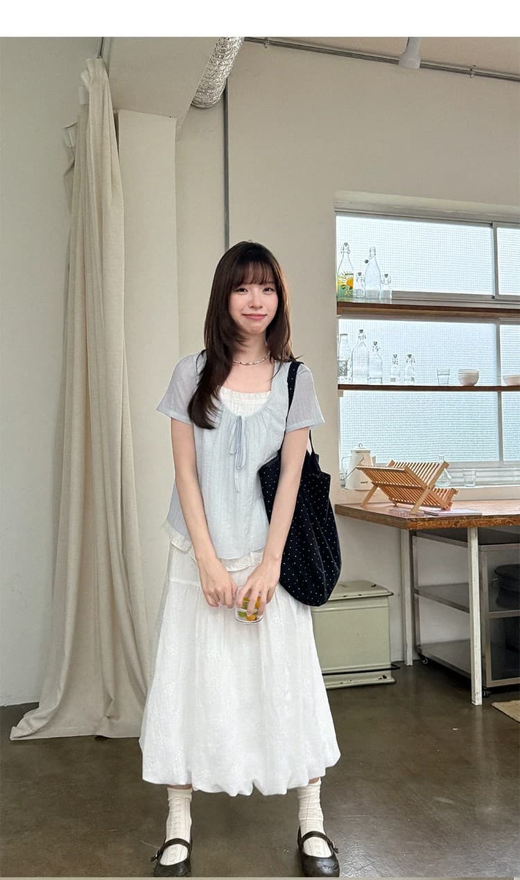 우유 토끼 행성 직접 만든 라이 경기 서울 네클라인 스트랩 페이크 레이어드 작은 셔츠 여성 여름 이중층 밑단 반팔 맨위 상세 이미지 22