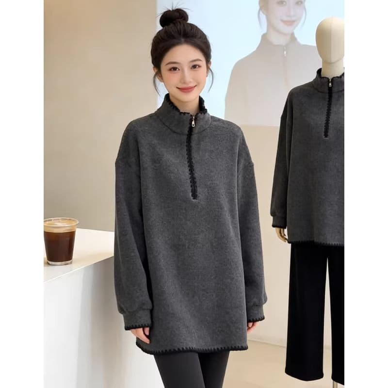 캐주얼 슈퍼 잘 생긴 oversize 후드티 여성 루즈핏 느긋한 바람 스탠드 칼라 하프 지퍼 중간 길이 레트로 스타일 맨위 이미지 4