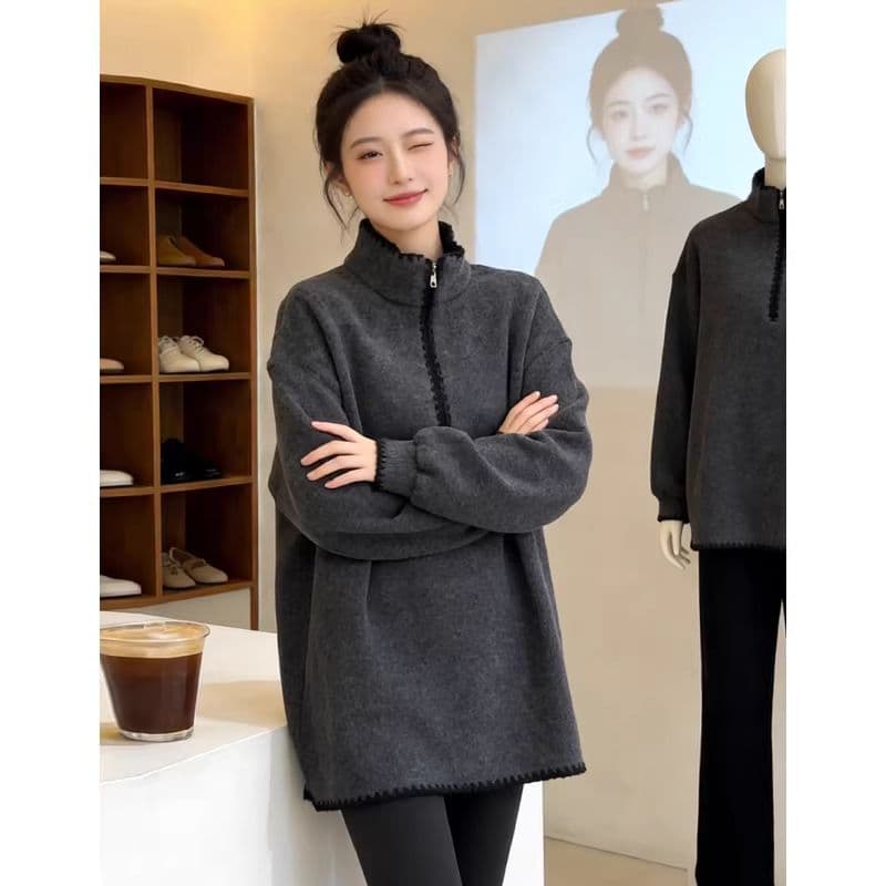 캐주얼 슈퍼 잘 생긴 oversize 후드티 여성 루즈핏 느긋한 바람 스탠드 칼라 하프 지퍼 중간 길이 레트로 스타일 맨위 이미지 3