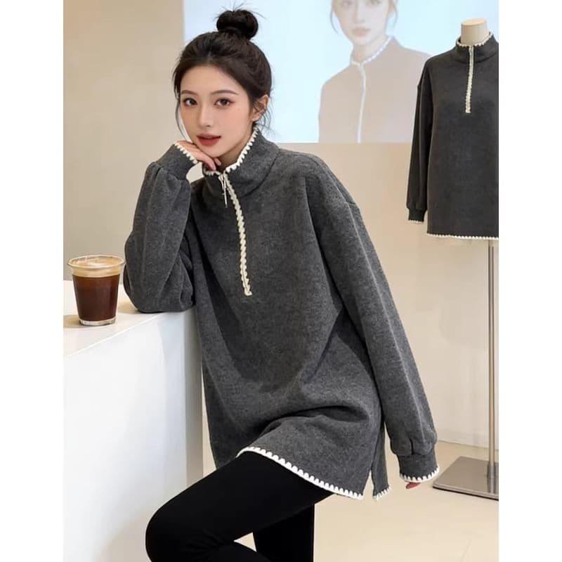 캐주얼 슈퍼 잘 생긴 oversize 후드티 여성 루즈핏 느긋한 바람 스탠드 칼라 하프 지퍼 중간 길이 레트로 스타일 맨위 상세 이미지 3
