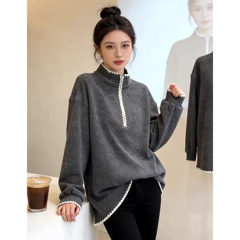 캐주얼 슈퍼 잘 생긴 oversize 후드티 여성 루즈핏 느긋한 바람 스탠드 칼라 하프 지퍼 중간 길이 레트로 스타일 맨위 상세 이미지 5