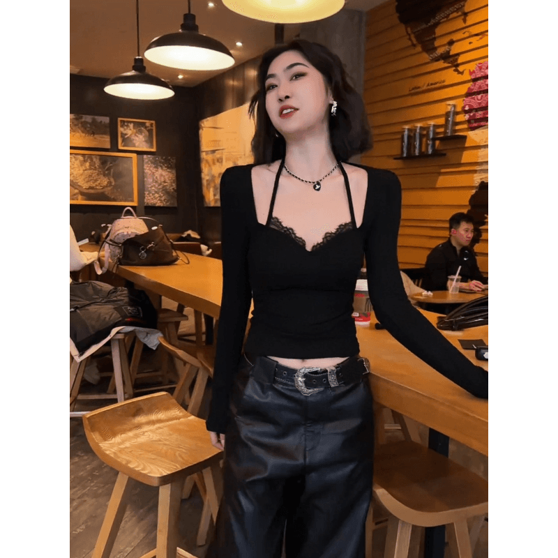 모방 면 벨트 가슴 패드 한 chic 행침 목 오프숄더 긴팔 티셔츠 핫걸 디자인 센스 인사이드 잡아라. 의류 이미지 4