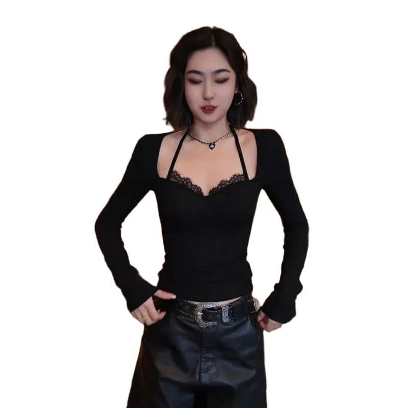 모방 면 벨트 가슴 패드 한 chic 행침 목 오프숄더 긴팔 티셔츠 핫걸 디자인 센스 인사이드 잡아라. 의류 이미지 5