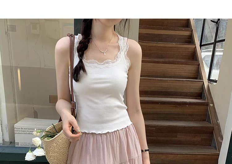 리브 레이스 소녀 센스 패치워크 슬립 쇼트 스타일 조끼 민소매 상세 이미지 3
