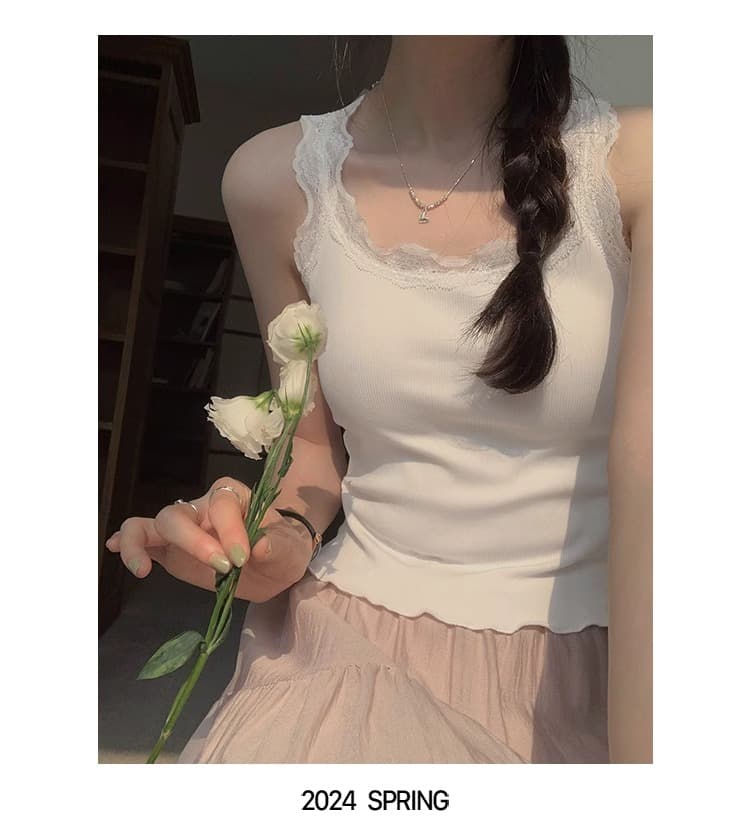 리브 레이스 소녀 센스 패치워크 슬립 쇼트 스타일 조끼 민소매 상세 이미지 5