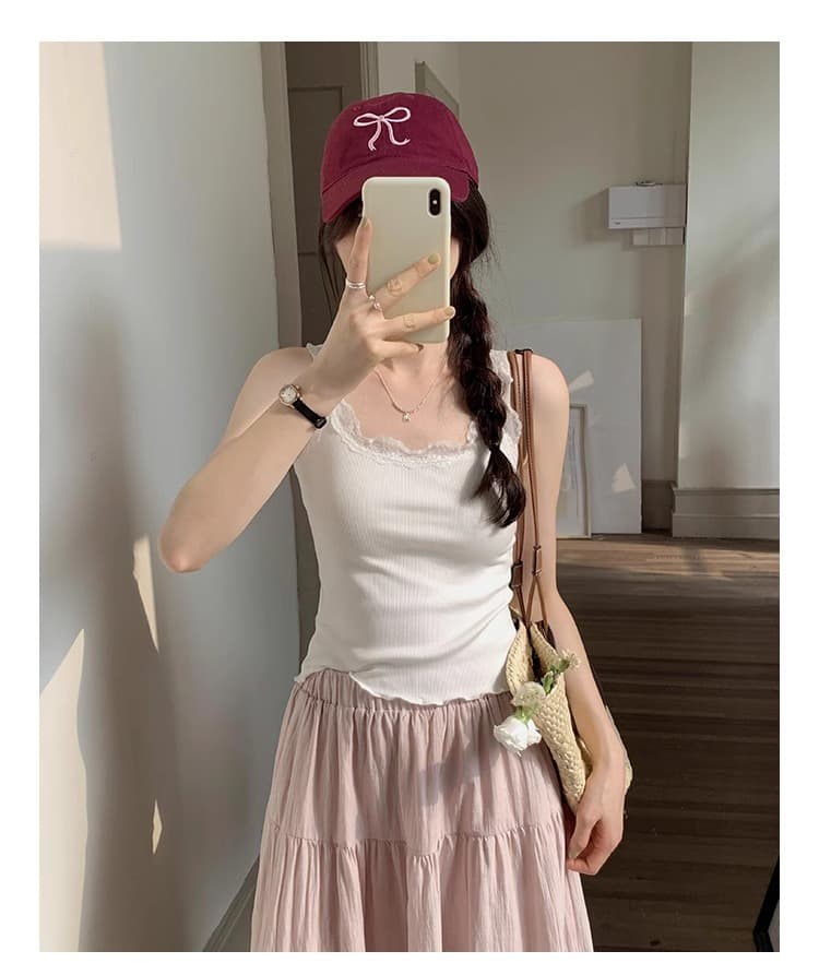 리브 레이스 소녀 센스 패치워크 슬립 쇼트 스타일 조끼 민소매 상세 이미지 7