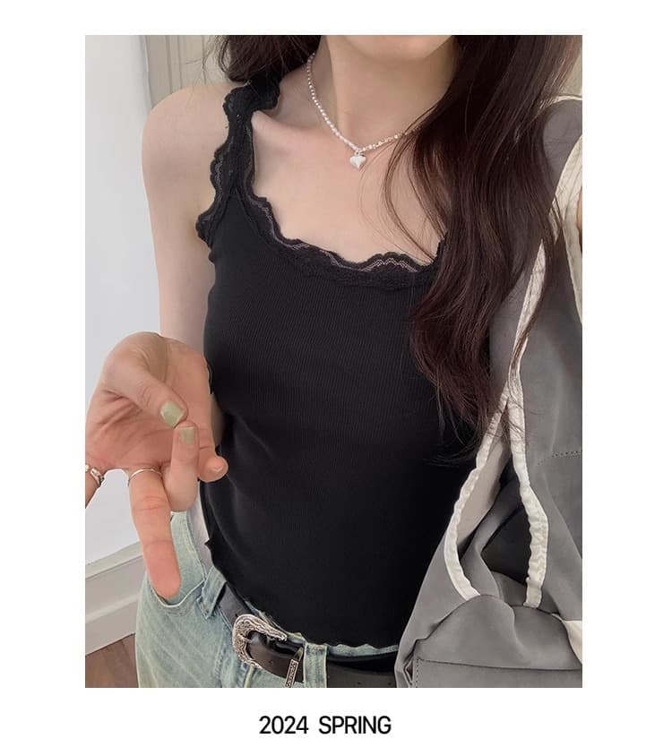 리브 레이스 소녀 센스 패치워크 슬립 쇼트 스타일 조끼 민소매 상세 이미지 18