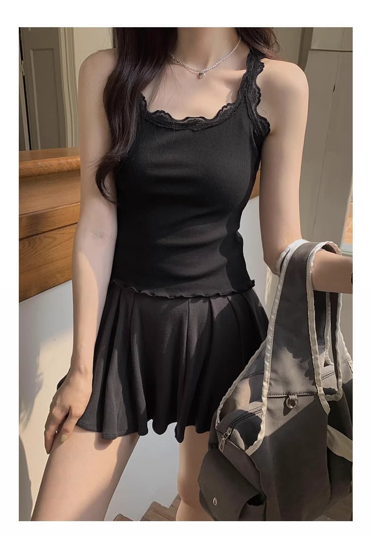 리브 레이스 소녀 센스 패치워크 슬립 쇼트 스타일 조끼 민소매 상세 이미지 22