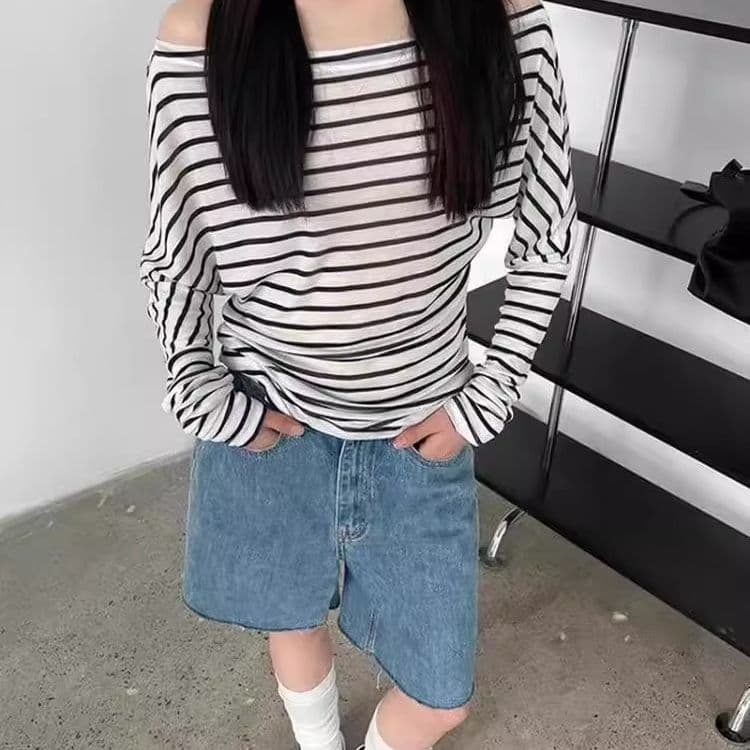 원본 주간 실크 얼음 산소 면 컬러 짜임 기사 여름 스트라이프 오프숄더 얇은 스타일 자외선 차단 긴팔 티셔츠 오프숄더 맨위 이미지 2