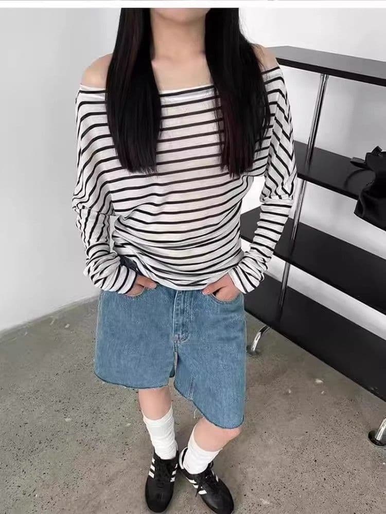 원본 주간 실크 얼음 산소 면 컬러 짜임 기사 여름 스트라이프 오프숄더 얇은 스타일 자외선 차단 긴팔 티셔츠 오프숄더 맨위 상세 이미지 4