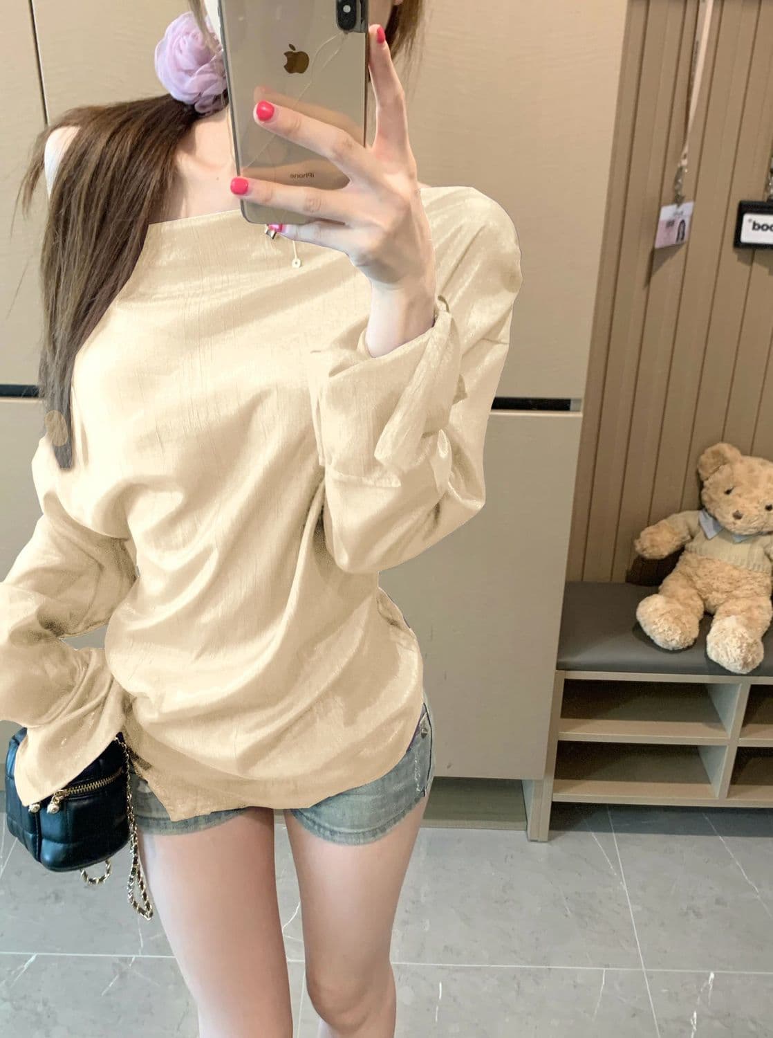 다이아몬드 주름 레이스 레이스 조각 망사 비스듬한 어깨 긴팔 여성 셔츠 여름 보라색 셔츠 얇은 스타일 맨위 상세 이미지 9