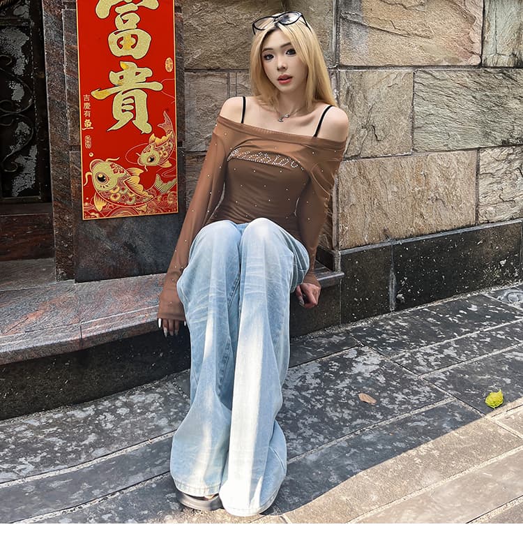원본 높은 품질 원단 비스듬한 어깨 아메리칸 디자인 알파벳 핫픽스 망사 시스루 오프숄더 긴팔 티셔츠 맨위 상세 이미지 6