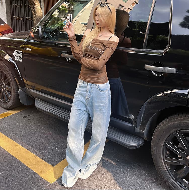 원본 높은 품질 원단 비스듬한 어깨 아메리칸 디자인 알파벳 핫픽스 망사 시스루 오프숄더 긴팔 티셔츠 맨위 상세 이미지 10