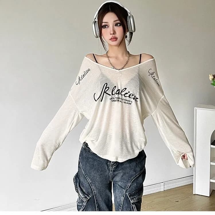 주간 실크 리브 아메리칸 레트로 알파벳 프린트 비스듬한 어깨 긴팔 블라우스 티셔츠 느긋한 다용도 슬림해 보이는 맨위 트렌디 상세 이미지 15