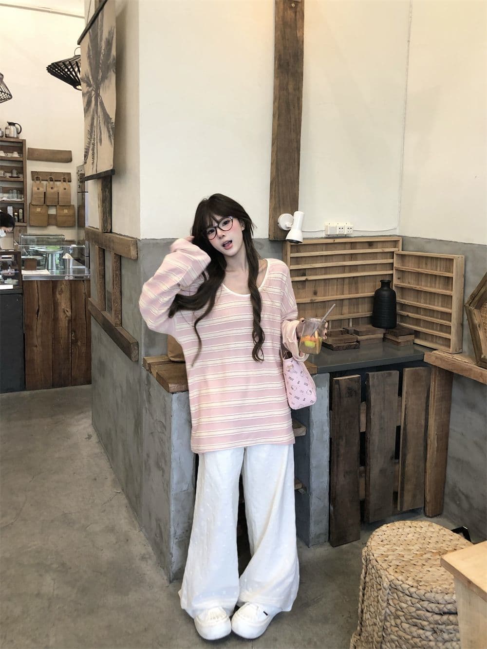 배색 스트라이프 긴팔 티셔츠 느긋한 바람 루즈핏 자외선 차단 블라우스 핑크색 맨위 ins 상세 이미지 6