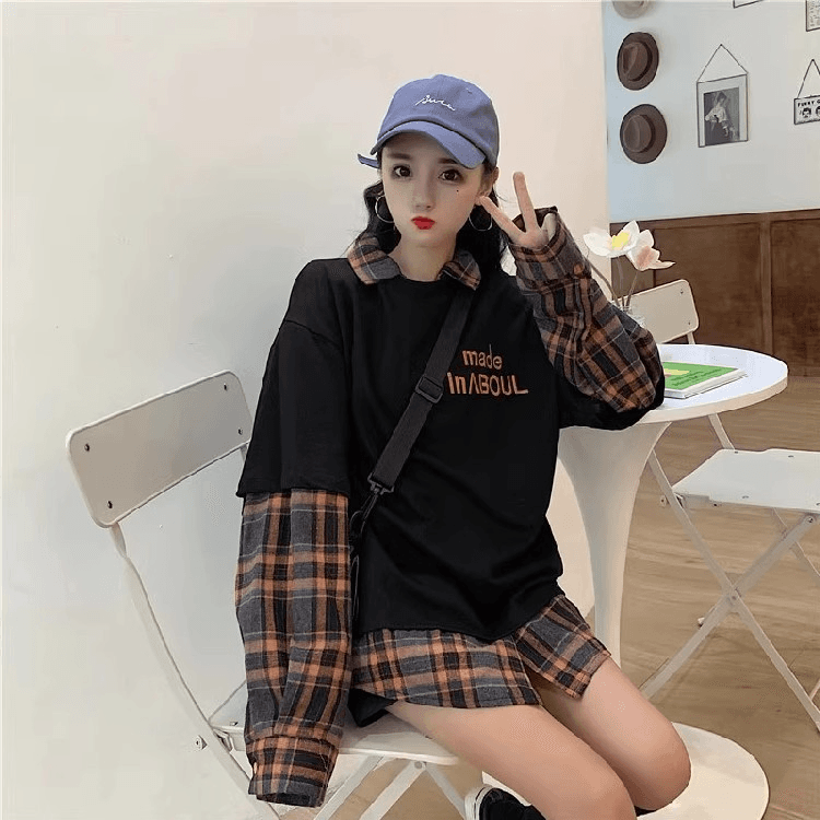 2026 한 부서 긴팔 체크무늬 루즈핏 빅 사이즈 페이크 레이어드 POLO 칼라 맨위 알파벳 프린트 패션 후드티 셔츠 상세 이미지 6