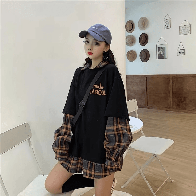 2026 한 부서 긴팔 체크무늬 루즈핏 빅 사이즈 페이크 레이어드 POLO 칼라 맨위 알파벳 프린트 패션 후드티 셔츠 상세 이미지 7