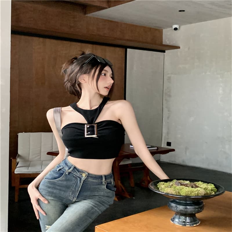 행침 목 캐미솔 여름 순수한 욕망 바람 섹시함 핫걸 금속 버클 Chic 작은 대중 쇼트 스타일 이슬 뼈의 맨위 ins 상세 이미지 8