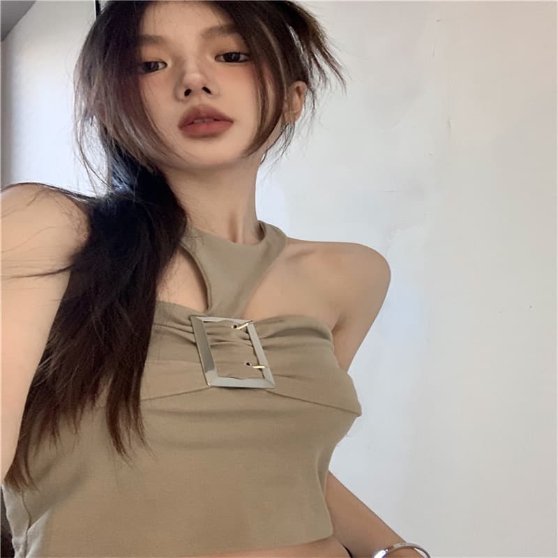 행침 목 캐미솔 여름 순수한 욕망 바람 섹시함 핫걸 금속 버클 Chic 작은 대중 쇼트 스타일 이슬 뼈의 맨위 ins 상세 이미지 34