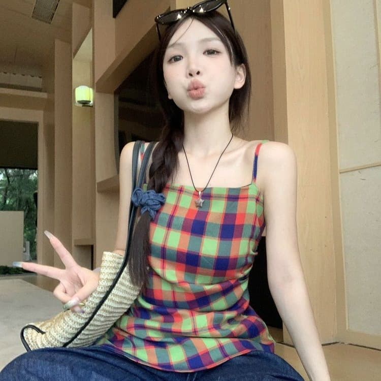 원본 높은 품질 원단 황색 체크무늬 슬립 외출용 배색 조끼 불규칙 Chic 주름 민소매 맨위 이미지 3
