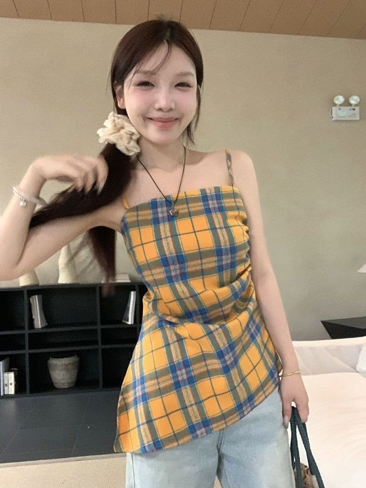 원본 높은 품질 원단 황색 체크무늬 슬립 외출용 배색 조끼 불규칙 Chic 주름 민소매 맨위 상세 이미지 15