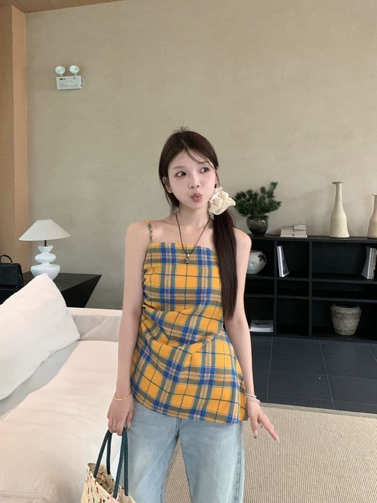 원본 높은 품질 원단 황색 체크무늬 슬립 외출용 배색 조끼 불규칙 Chic 주름 민소매 맨위 상세 이미지 18