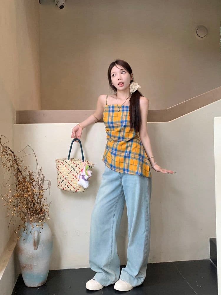 원본 높은 품질 원단 황색 체크무늬 슬립 외출용 배색 조끼 불규칙 Chic 주름 민소매 맨위 상세 이미지 22