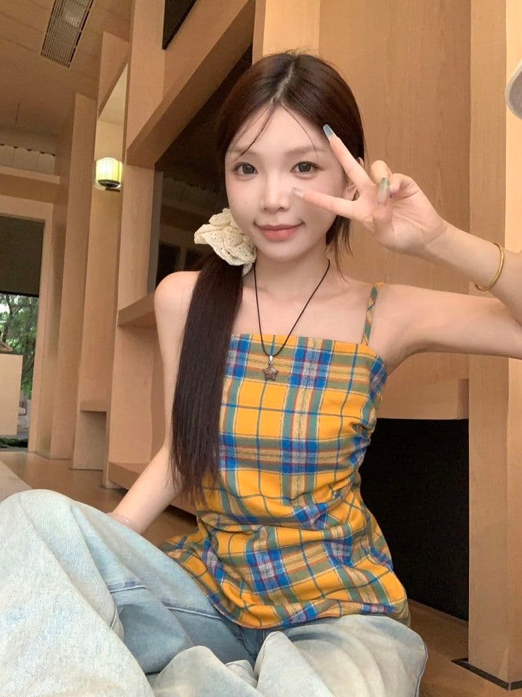 원본 높은 품질 원단 황색 체크무늬 슬립 외출용 배색 조끼 불규칙 Chic 주름 민소매 맨위 상세 이미지 25