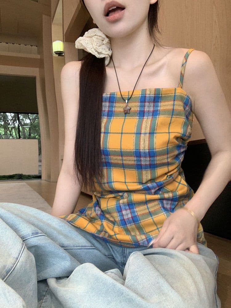 원본 높은 품질 원단 황색 체크무늬 슬립 외출용 배색 조끼 불규칙 Chic 주름 민소매 맨위 상세 이미지 27
