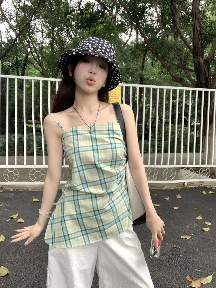 원본 높은 품질 원단 황색 체크무늬 슬립 외출용 배색 조끼 불규칙 Chic 주름 민소매 맨위 상세 이미지 28