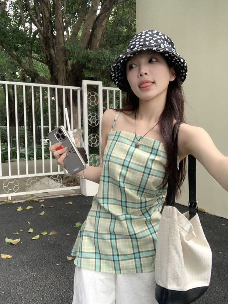 원본 높은 품질 원단 황색 체크무늬 슬립 외출용 배색 조끼 불규칙 Chic 주름 민소매 맨위 상세 이미지 29
