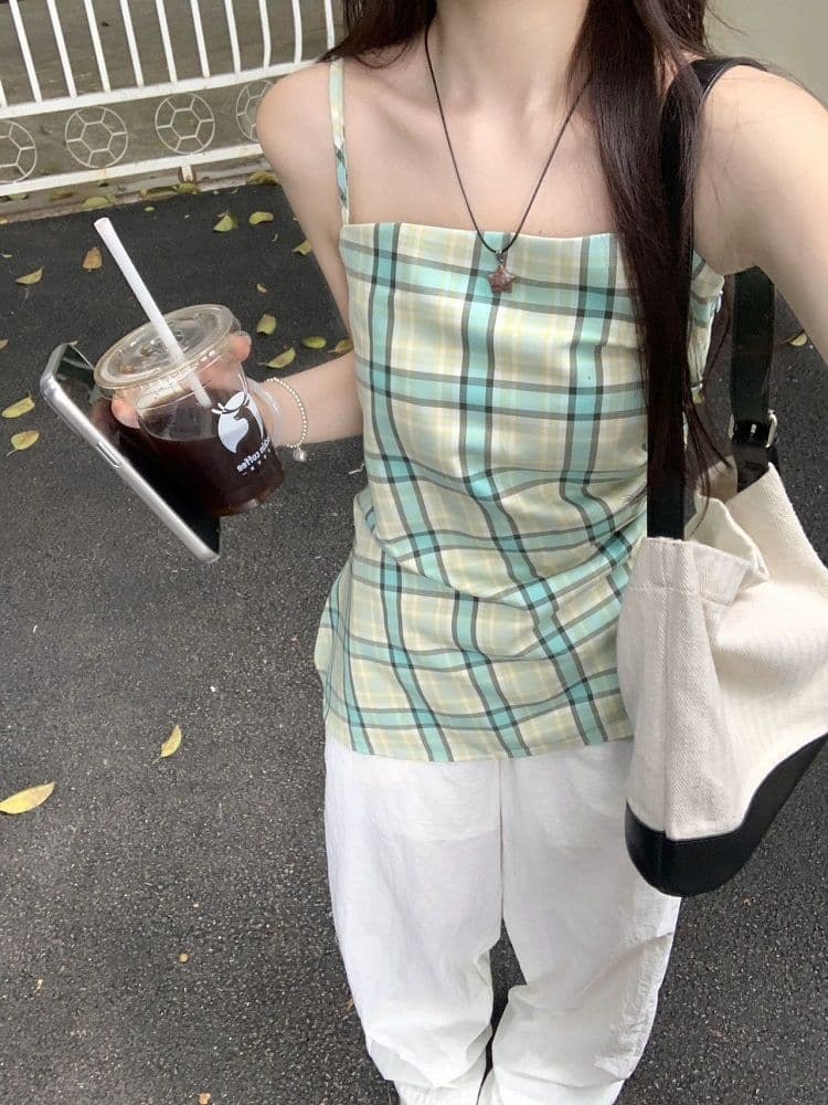 원본 높은 품질 원단 황색 체크무늬 슬립 외출용 배색 조끼 불규칙 Chic 주름 민소매 맨위 상세 이미지 30