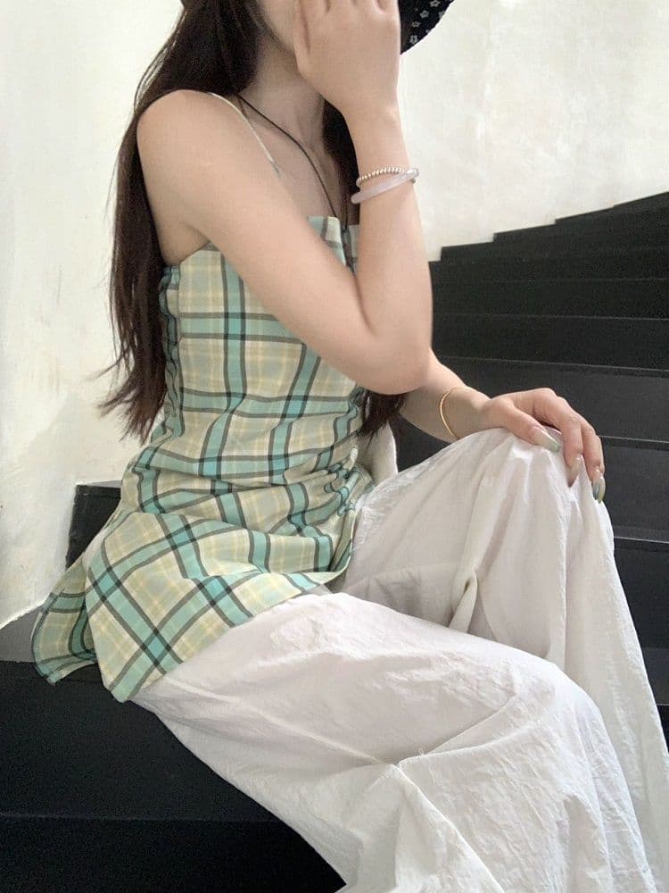 원본 높은 품질 원단 황색 체크무늬 슬립 외출용 배색 조끼 불규칙 Chic 주름 민소매 맨위 상세 이미지 36
