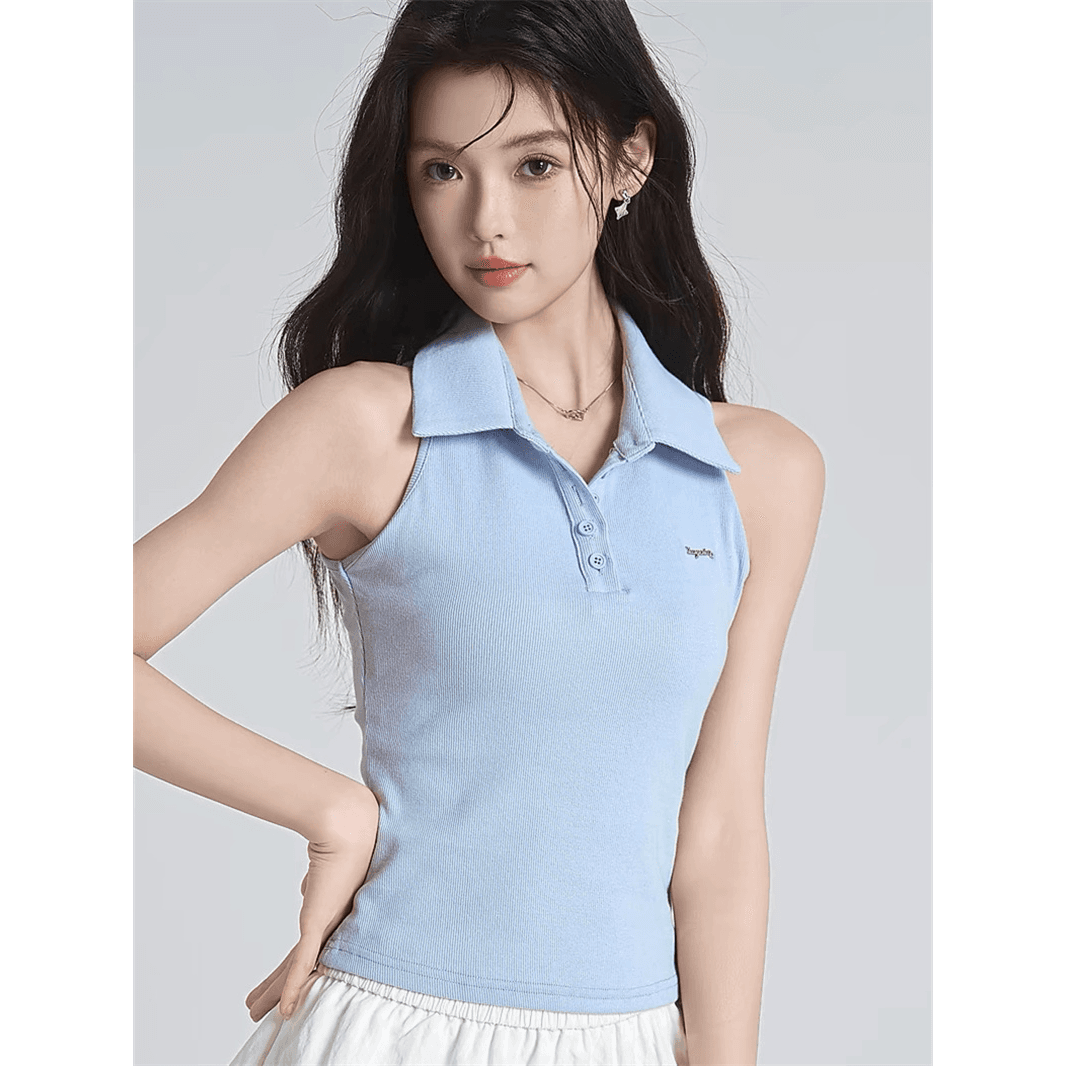 원본 품질 순수한 욕망 바람 핫걸 오프숄더 POLO 칼라 민소매 조끼 여성 여름 빅 사이즈 몸매 가꾸기 맨위 이미지 5