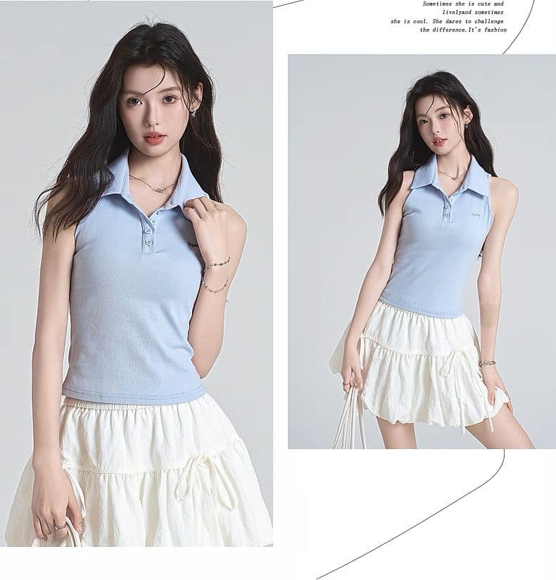 원본 품질 순수한 욕망 바람 핫걸 오프숄더 POLO 칼라 민소매 조끼 여성 여름 빅 사이즈 몸매 가꾸기 맨위 상세 이미지 4