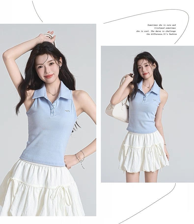 원본 품질 순수한 욕망 바람 핫걸 오프숄더 POLO 칼라 민소매 조끼 여성 여름 빅 사이즈 몸매 가꾸기 맨위 상세 이미지 8