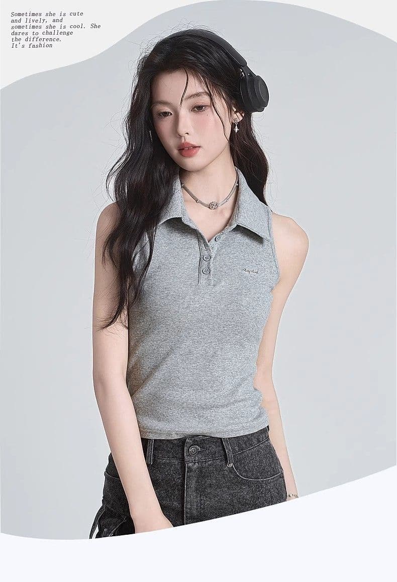 원본 품질 순수한 욕망 바람 핫걸 오프숄더 POLO 칼라 민소매 조끼 여성 여름 빅 사이즈 몸매 가꾸기 맨위 상세 이미지 15