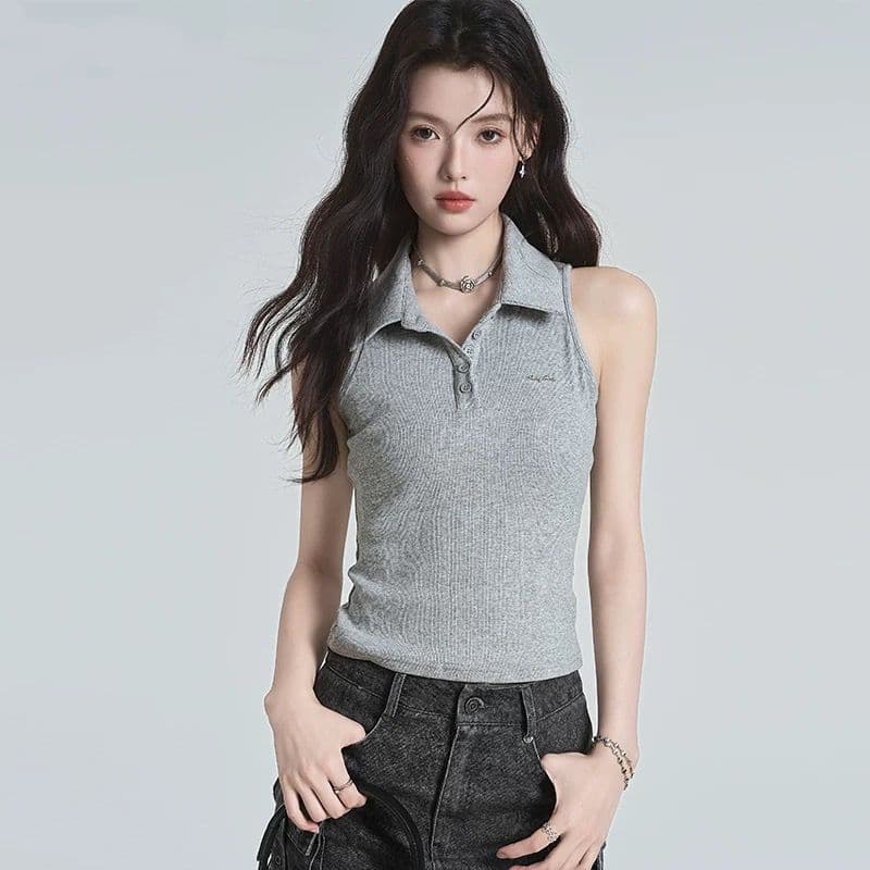 원본 품질 순수한 욕망 바람 핫걸 오프숄더 POLO 칼라 민소매 조끼 여성 여름 빅 사이즈 몸매 가꾸기 맨위 상세 이미지 16