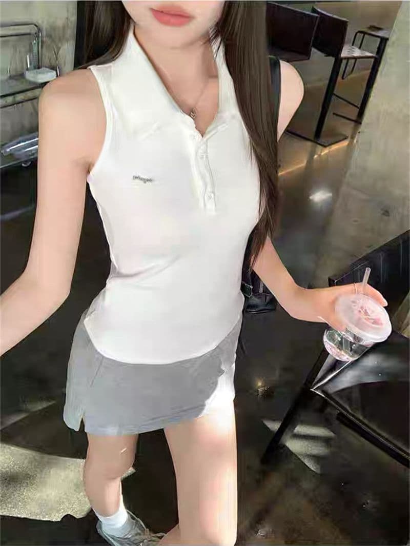 원본 품질 순수한 욕망 바람 핫걸 오프숄더 POLO 칼라 민소매 조끼 여성 여름 빅 사이즈 몸매 가꾸기 맨위 상세 이미지 23