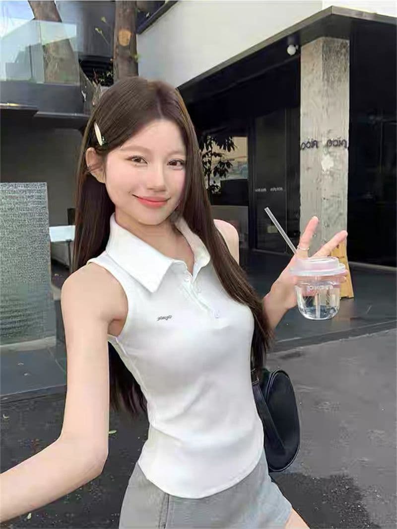 원본 품질 순수한 욕망 바람 핫걸 오프숄더 POLO 칼라 민소매 조끼 여성 여름 빅 사이즈 몸매 가꾸기 맨위 상세 이미지 24