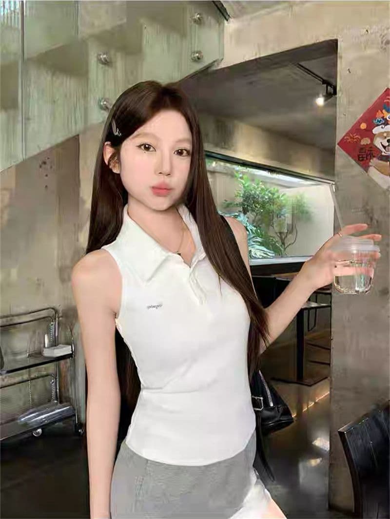 원본 품질 순수한 욕망 바람 핫걸 오프숄더 POLO 칼라 민소매 조끼 여성 여름 빅 사이즈 몸매 가꾸기 맨위 상세 이미지 28