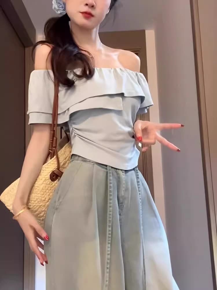 프릴 Chic 오프숄더 섹시함 순수한 욕망 반팔 티셔츠 상세 이미지 8