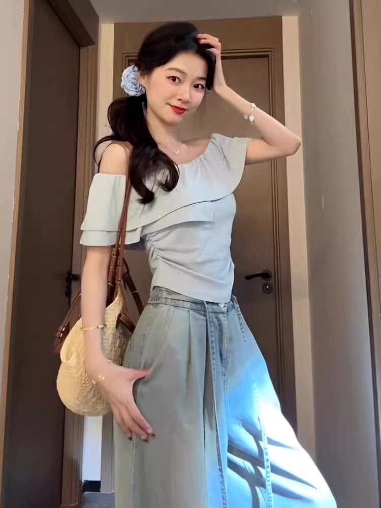 프릴 Chic 오프숄더 섹시함 순수한 욕망 반팔 티셔츠 상세 이미지 11