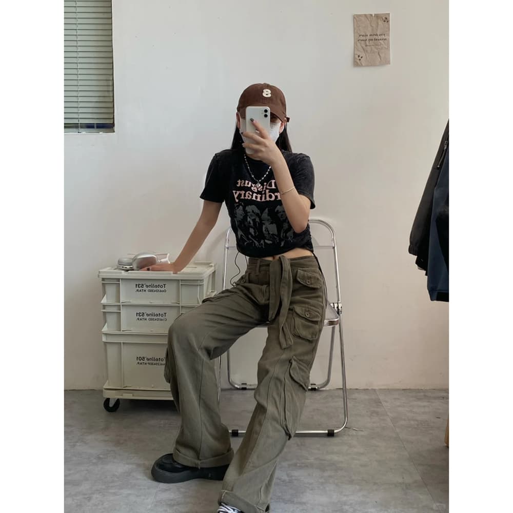 아메리칸 레트로 긍정적 인 어깨 티셔츠 반팔 여성 여름 불규칙 이미지 3