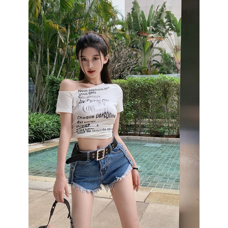 화이트 오프숄더 반팔 티셔츠 여성 여름 아메리칸 불규칙 이미지 4