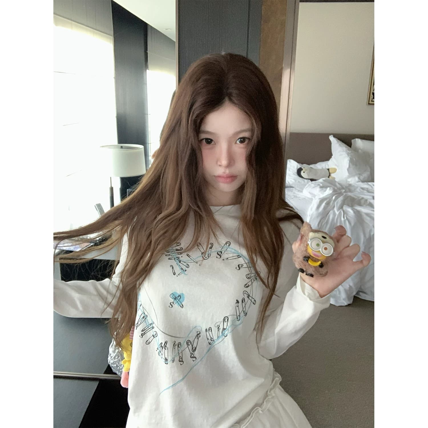 하트 프린트 긴팔 티셔츠 여성 아름다운 쇼트 스타일 작은 맨위 이미지 2