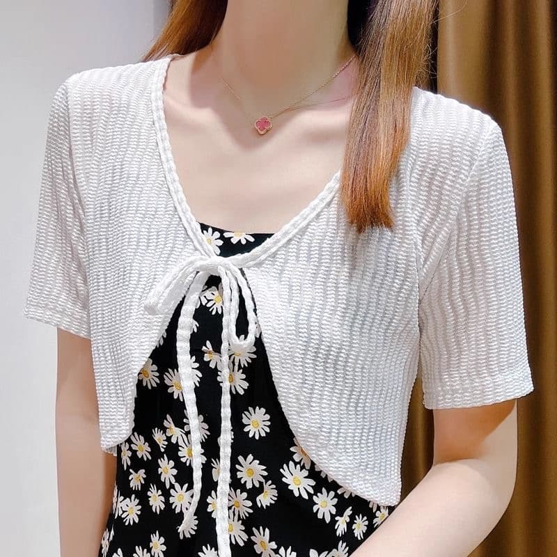 여름 작은 숄 여성 얇은 스타일 자외선 차단 오픈 가디건 여성용 짧은 소매 경기 치마 외부 가져 가라. 블라우스 어깨 이미지 3