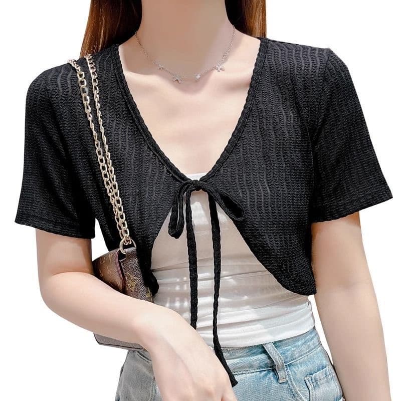 여름 작은 숄 여성 얇은 스타일 자외선 차단 오픈 가디건 여성용 짧은 소매 경기 치마 외부 가져 가라. 블라우스 어깨 상세 이미지 3